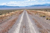 a dirt road going into the distance through the wilderness plain of dry brush in front of mountains