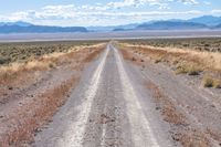 a dirt road going into the distance through the wilderness plain of dry brush in front of mountains