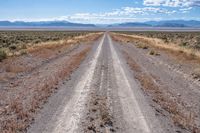 a dirt road going into the distance through the wilderness plain of dry brush in front of mountains