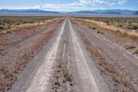 a dirt road going into the distance through the wilderness plain of dry brush in front of mountains