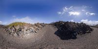 three views of rocks near one another with a bright sky in the background and a blue sky