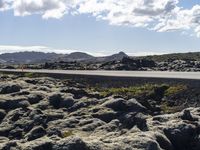 the asphalt in the center of the landscape is covered with licheny rocks, as the road goes below