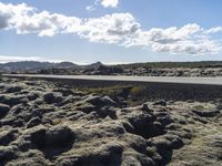 the asphalt in the center of the landscape is covered with licheny rocks, as the road goes below