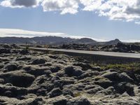 the asphalt in the center of the landscape is covered with licheny rocks, as the road goes below