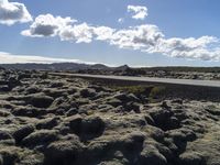 the asphalt in the center of the landscape is covered with licheny rocks, as the road goes below