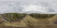 a 360 - shot image of a dirt course in the woods of canada park slope jumping tricks and a ramp