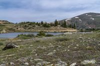 the grassy hillside near a river is rocky and has a lake on it with snowcapped mountains in the distance