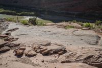 the large, red rock formation features boulders that look like animals and plants surrounding a shallow river