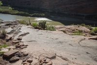 the large, red rock formation features boulders that look like animals and plants surrounding a shallow river