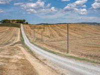 the dirt road runs alongside the fenced off farm land and has a small hill in the distance