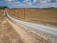 the dirt road runs alongside the fenced off farm land and has a small hill in the distance