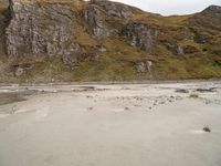 a horse standing in the dirt at the bottom of a mountain near water and rocks