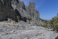 a rocky cliff face is seen from a high angle with no one visible on it