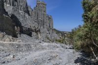 a rocky cliff face is seen from a high angle with no one visible on it