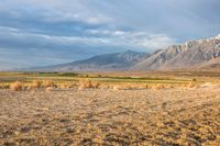 an open desert plain with a big mountain in the background and some dirt on the ground