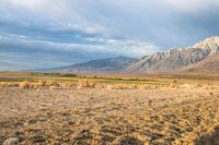 an open desert plain with a big mountain in the background and some dirt on the ground