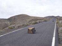 a large rock sits in the middle of a road near some mountains and dry grass