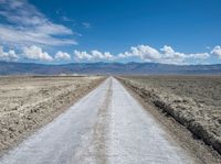 a long dirt road stretches into the distance in a vast desert plain area with mountains in the distance