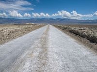 a long dirt road stretches into the distance in a vast desert plain area with mountains in the distance