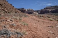 a dirt road through a desert plain with a mountain behind it and a clear blue sky in the background