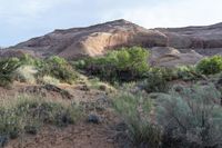 an open desert area with some bushes and rocks on the side of it that is a valley