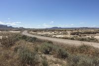 an empty road in a wide open plain of land near mountains and water on a sunny day