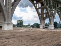 the construction work is under an overpass bridge on a cloudy day in the park