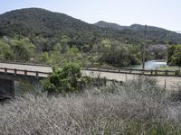 a view from a bridge overlooking trees and a mountain range of hills behind a bridge