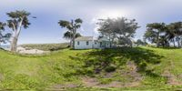 a house sits on the hill beside a road with a horse grazing on the hillside below it