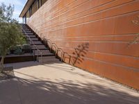 the shadow of a motorcycle is cast on a wall next to steps and trees in front