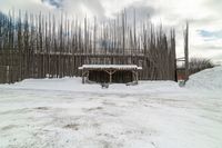 a snow covered sidewalk next to a covered building and a snowy hill and trees behind