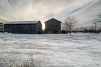 two barns are standing in the snow on a farm field at sunset and trees and buildings can be seen in the background