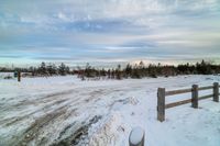 a snowy path by a fence with trees and clouds in the background and some cars parked on the snow