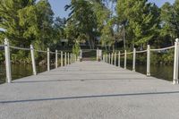 a pier at the edge of a body of water with trees in the background and bushes