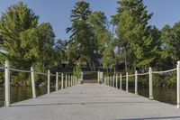 a pier at the edge of a body of water with trees in the background and bushes