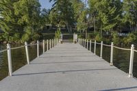 a pier at the edge of a body of water with trees in the background and bushes