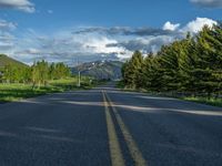 a empty road that goes through a grassy area with mountains in the background as well as trees