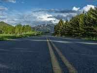 a empty road that goes through a grassy area with mountains in the background as well as trees