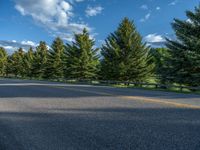 a empty road that goes through a grassy area with mountains in the background as well as trees