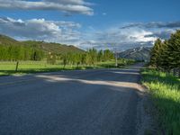 a empty road that goes through a grassy area with mountains in the background as well as trees