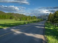 a empty road that goes through a grassy area with mountains in the background as well as trees