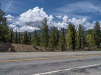 road in the mountains with pine trees and mountains in the background with blue sky with fluffy clouds