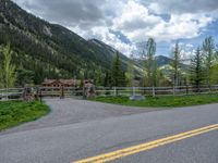 road in the mountains with grass and trees and a fence surrounding it on a bright day