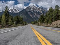 road in the mountains with pine trees and mountains in the background with blue sky with fluffy clouds