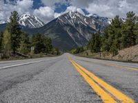 road in the mountains with pine trees and mountains in the background with blue sky with fluffy clouds