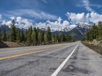 road in the mountains with pine trees and mountains in the background with blue sky with fluffy clouds