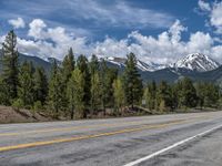 road in the mountains with pine trees and mountains in the background with blue sky with fluffy clouds