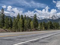 road in the mountains with pine trees and mountains in the background with blue sky with fluffy clouds