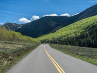 the road is paved with yellow markings and has a snowy mountain range in the background