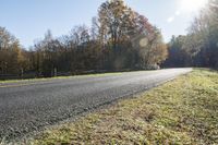 an empty rural country road passing a wooded area with fence posts in the distance and fall leaves on the ground